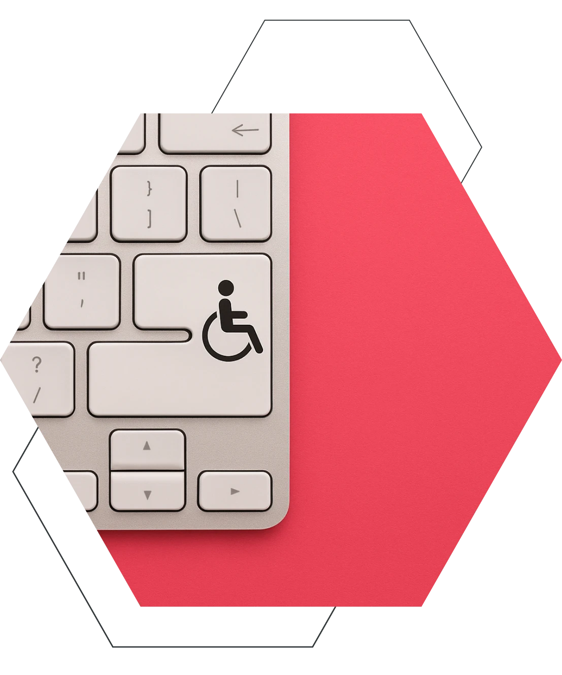 barrierefreiheit-im-web-bfsg Eine Apple Tastatur auf pinkem Hintergrund. Auf der Enter-Taste ist das Barrierefreiheitszeichen abgebildet.